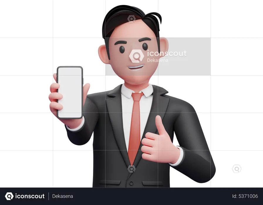 Businessman in black formal suit give thumbs up and showing phone screen to the camera  3D Illustration