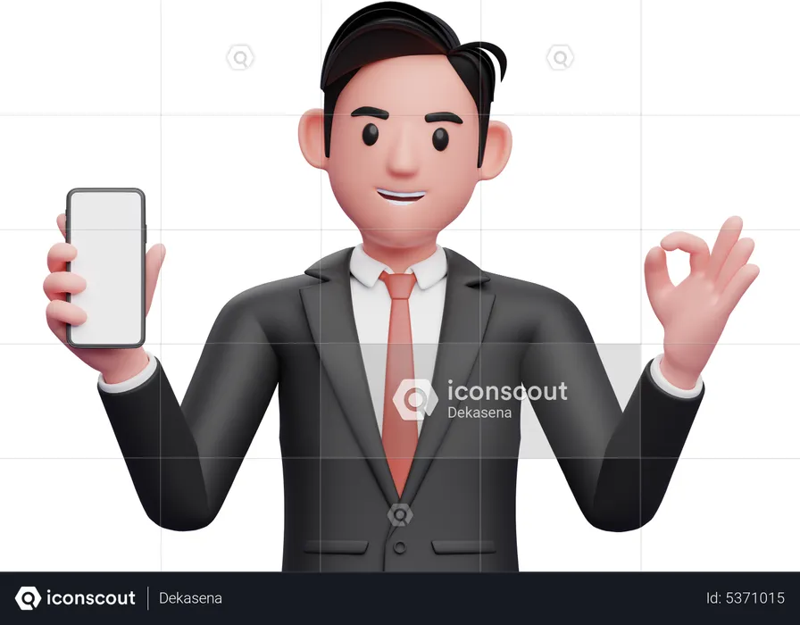 Businessman in black formal suit giving ok finger and holding a mobile phone  3D Illustration