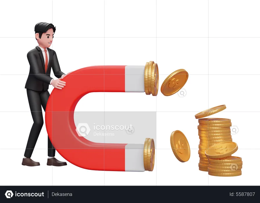 Businessman in black formal suit Hold a Big Magnet To Attract Coins  3D Illustration