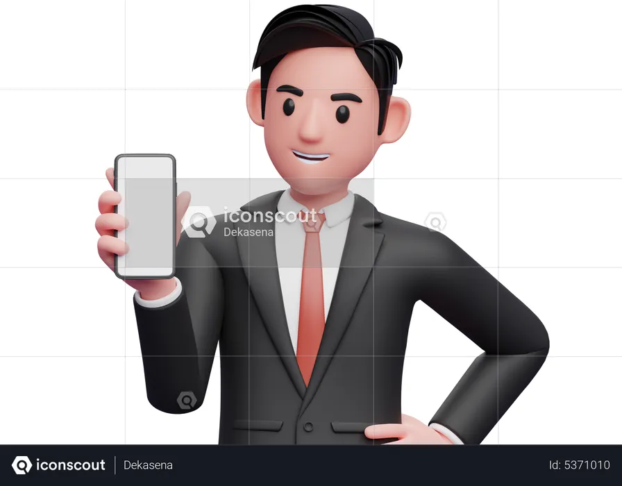 Businessman in black formal suit holding and looking to the phone and left hand on waist  3D Illustration