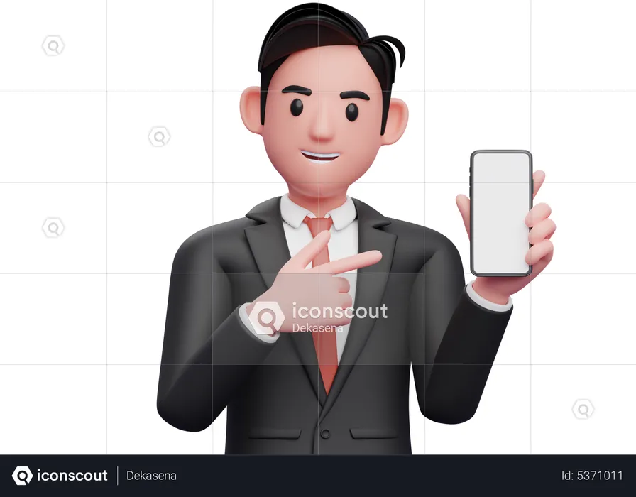 Businessman in black formal suit holding and pointing to phone screen  3D Illustration