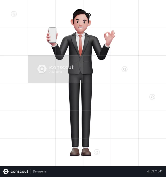 Businessman in black formal suit holding phone and showing ok finger  3D Illustration