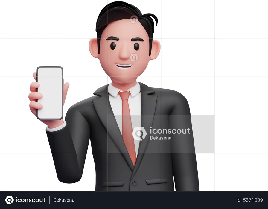 Businessman in black formal suit holding phone while tilting body  3D Illustration