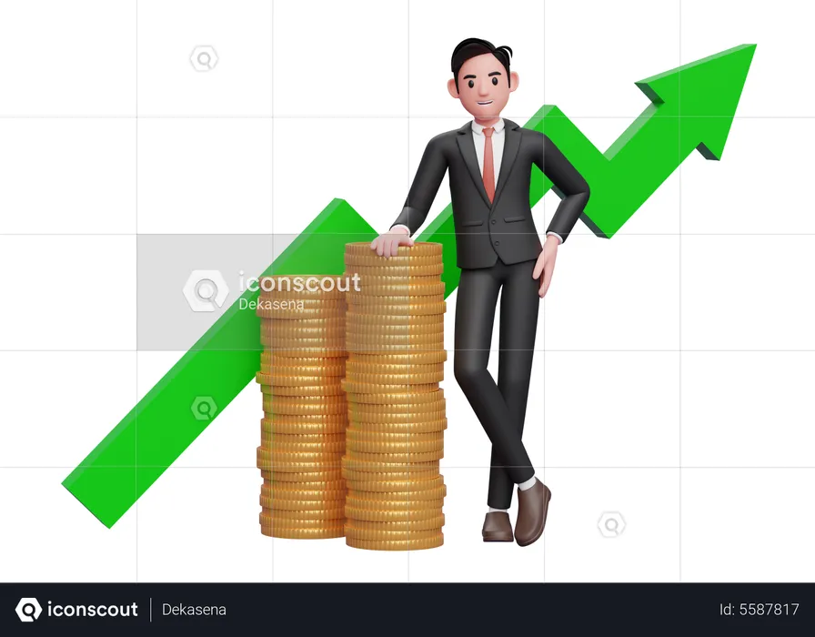 Businessman in black formal suit leaning on pile of gold coins with growing statistics ornament on the back  3D Illustration