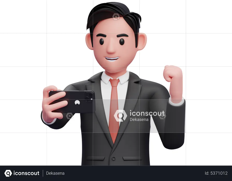 Businessman in black formal suit looking phone screen and celebrating  3D Illustration