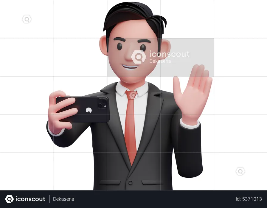 Businessman in black formal suit make a video call waving hand say hello  3D Illustration