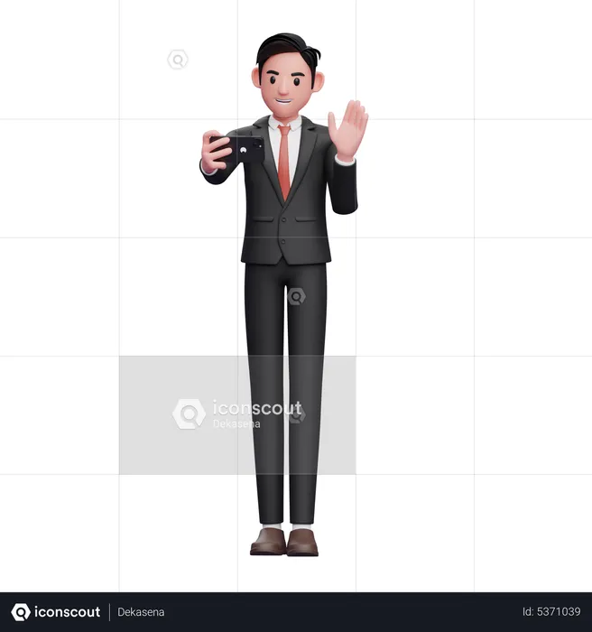 Businessman in black formal suit make video calls and waving hand  3D Illustration