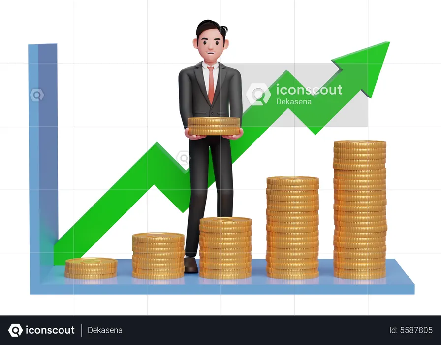 Businessman in black formal suit making statistical bar chart with pile of gold coins  3D Illustration