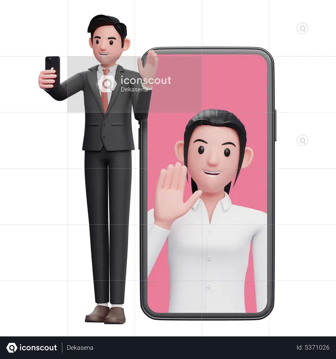 Businessman in black formal suit making video call with partner  3D Illustration