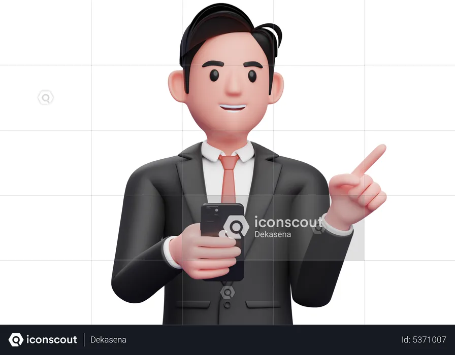 Businessman in black formal suit pointing to the side choosing gesture and holding a phone  3D Illustration