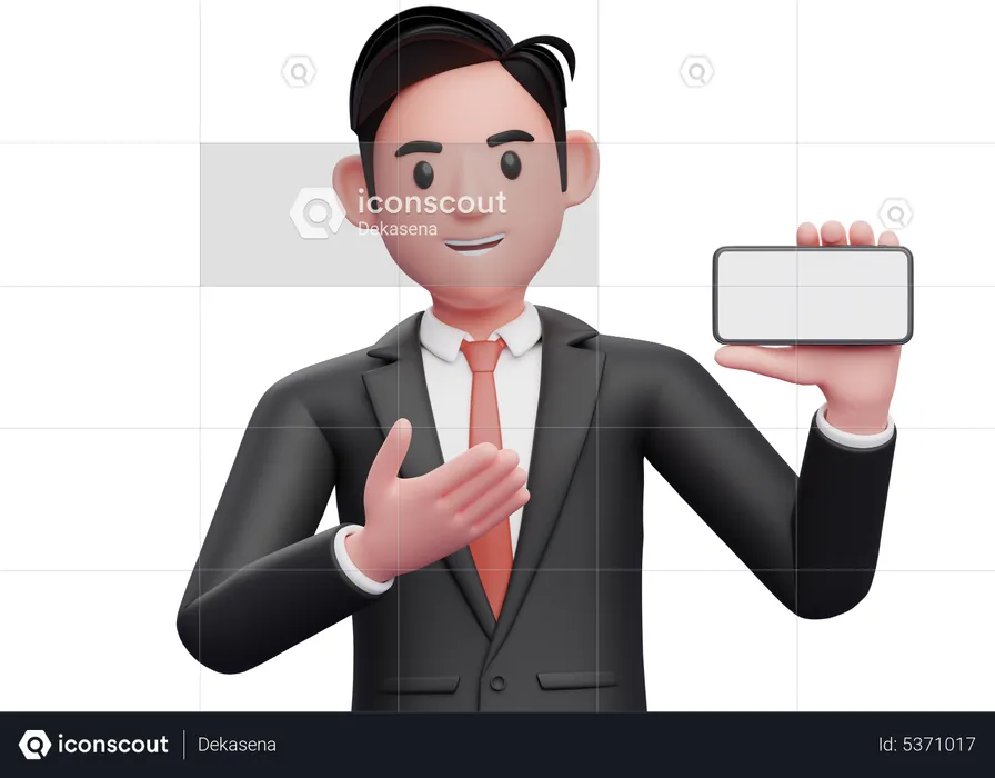 Businessman in black formal suit presenting pose with landscape phone  3D Illustration