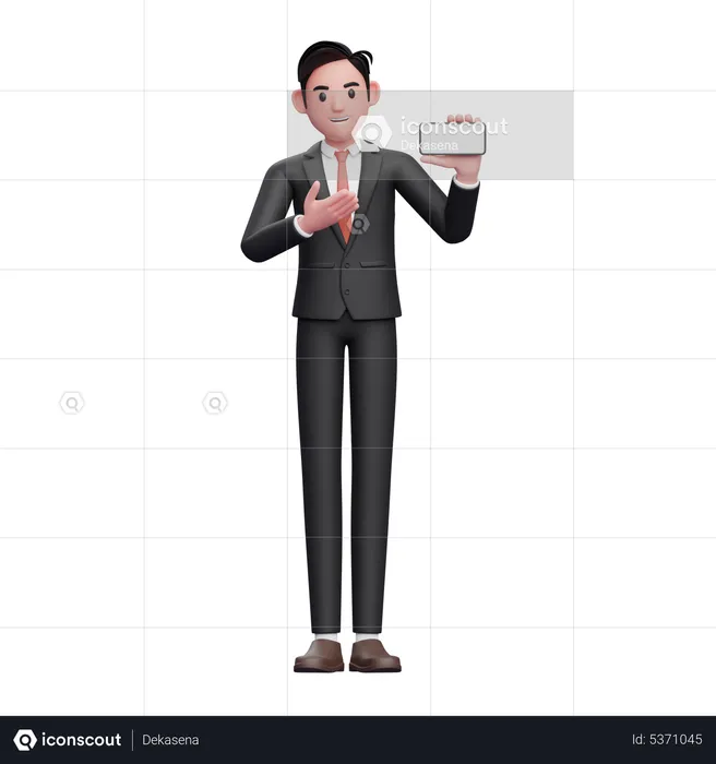 Businessman in black formal suit presenting with a landscape phone screen  3D Illustration