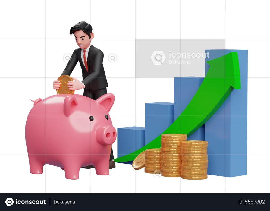Businessman in black formal suit saving gold coins into piggy bank with bar chart and green arrow up  3D Illustration