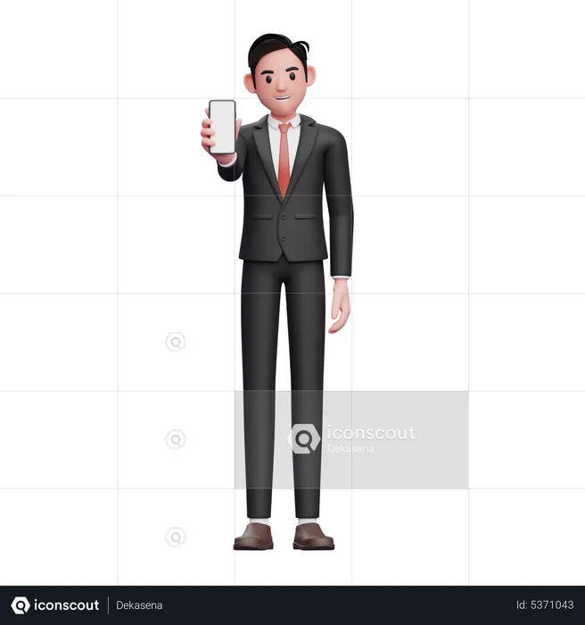 Businessman in black formal suit showing phone screen to the camera  3D Illustration