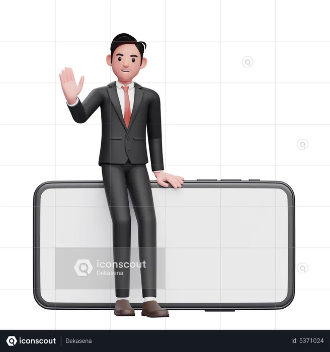 Businessman in black formal suit sitting on a big landscape phone and waving hand  3D Illustration