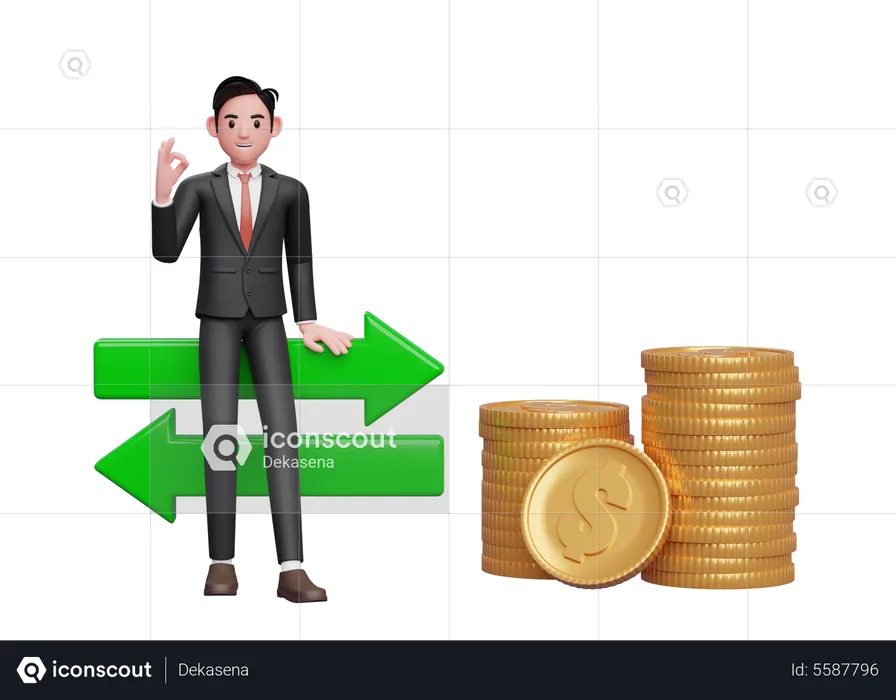 Businessman in black formal suit sitting on exchange rate ornament with hand gesture ok finger  3D Illustration