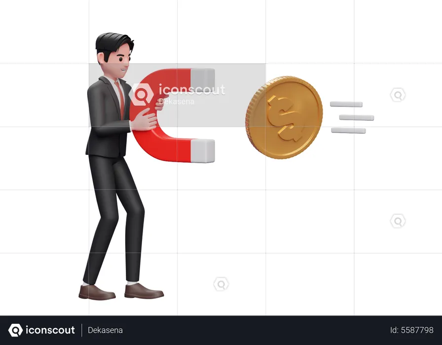 Businessman in black formal suit standing holding magnet attracting gold coin  3D Illustration