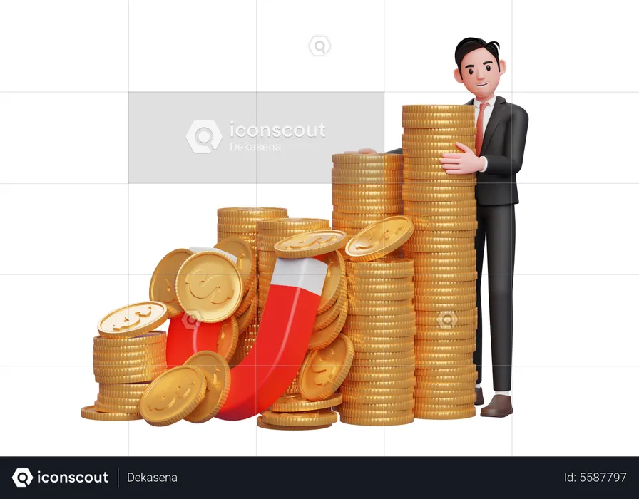 Businessman in black formal suit standing hugging pile of gold coins caught by magnet  3D Illustration