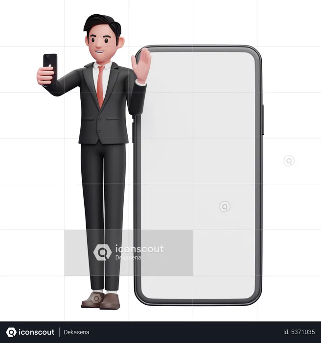 Businessman in black formal suit standing while making video call and waving hand on big phone background  3D Illustration
