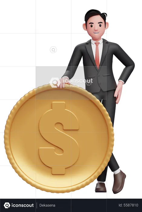 Businessman in black formal suit standing with legs crossed and Holding Coin  3D Illustration