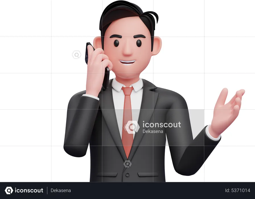 Businessman in black formal suit talking on phone while opening hands with gesture demonstrating  3D Illustration