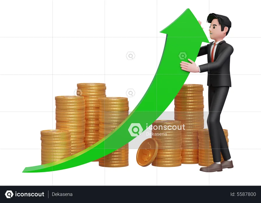 Businessman in black formal suit trying to raise green arrow up  3D Illustration