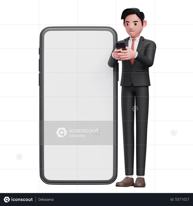 Businessman in black formal suit typing message on mobile phone with giant mobile phone ornament  3D Illustration