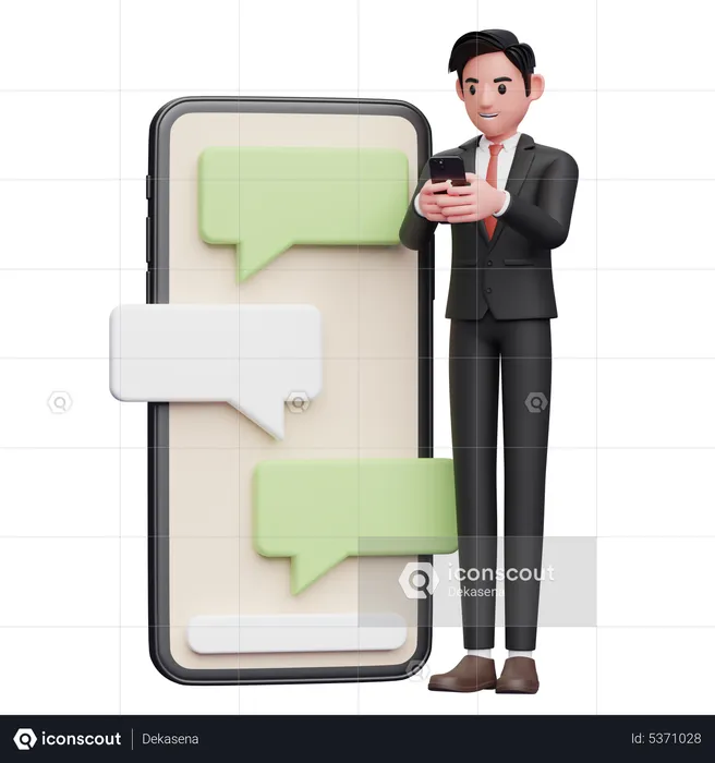 Businessman in black formal suit typing on the phone beside a big phone with bubble chat ornament  3D Illustration