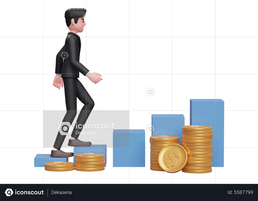 Businessman in black formal suit walking on stock chart with gold coin pile ornament  3D Illustration