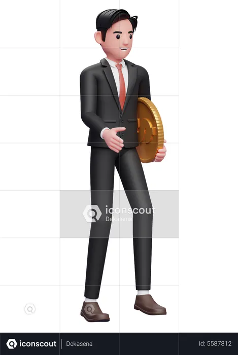 Businessman in black suit walking while carrying coins  3D Illustration