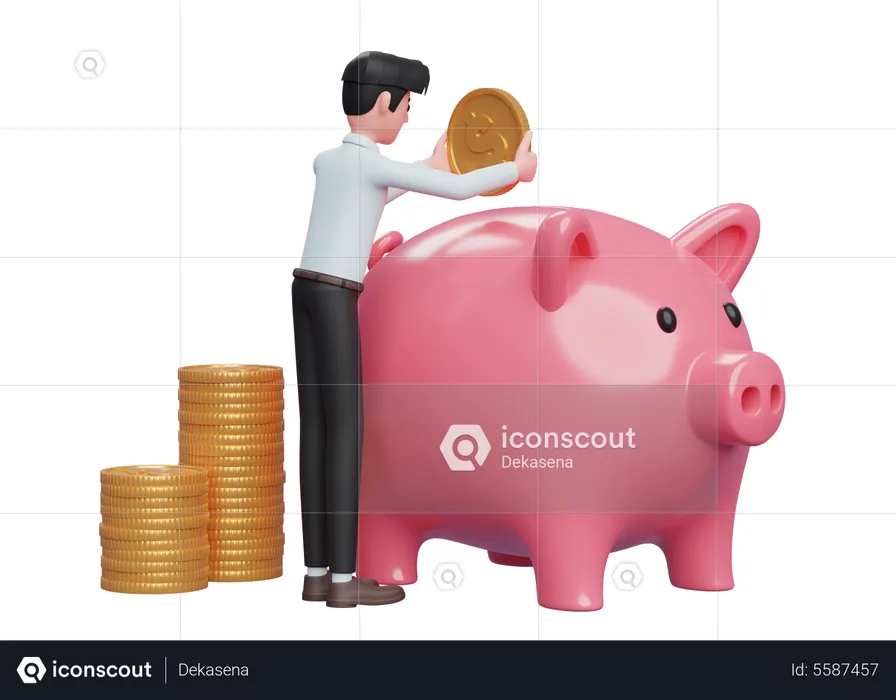 Businessman in blue dress carefully keeps gold coins in pink piggy bank  3D Illustration