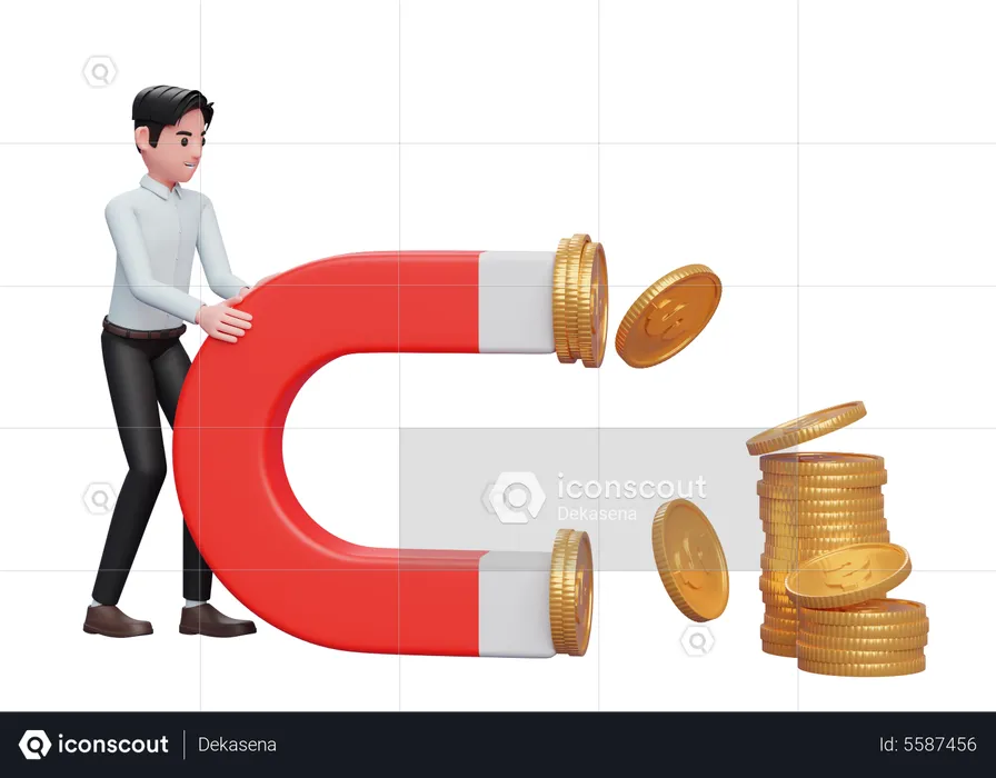 Businessman in blue dress Hold a Big Magnet To Attract Coins  3D Illustration