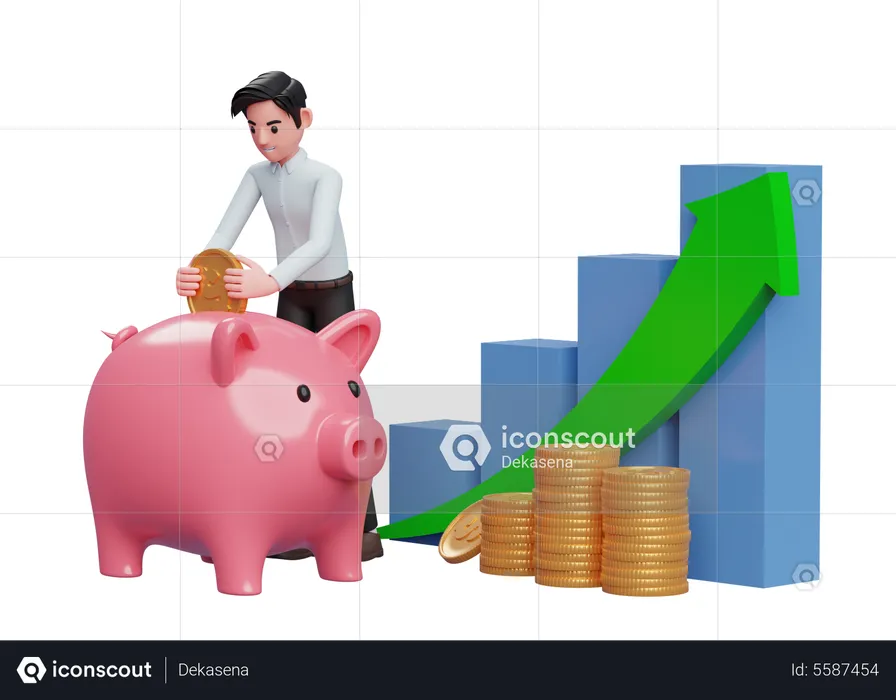 Businessman in blue dress saving gold coins into piggy bank with bar chart and green arrow up  3D Illustration