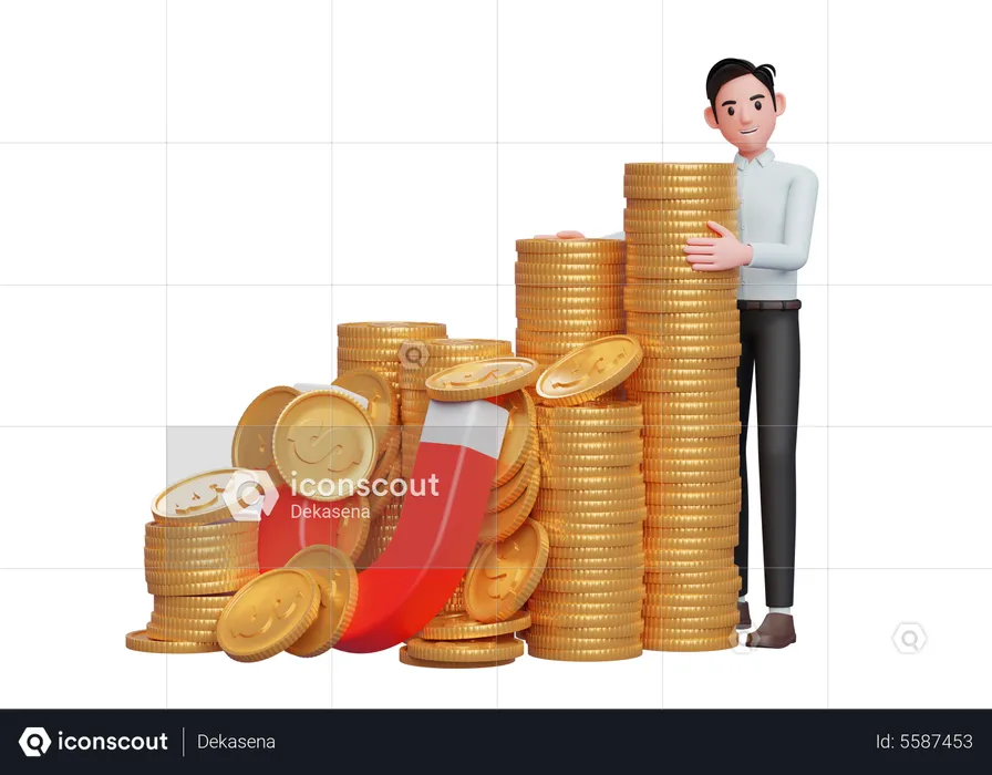 Businessman in blue dress standing hugging pile of gold coins caught by magnet  3D Illustration
