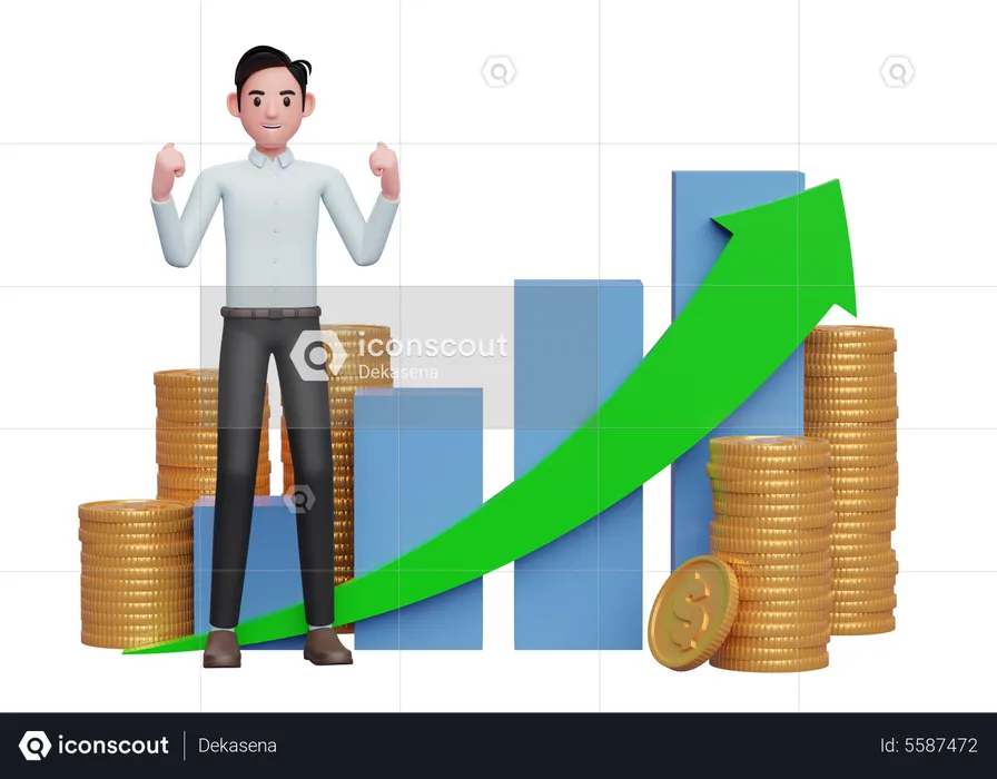 Businessman in blue shirt celebrating with clenched fists in front of positive growing bar chart with coin ornament  3D Illustration