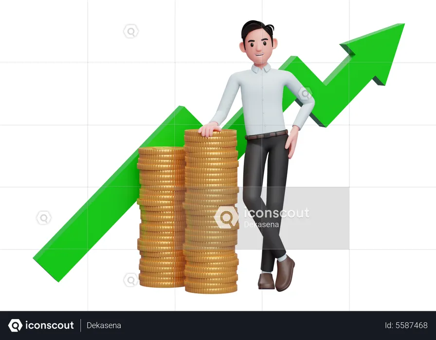 Businessman in blue shirt leaning on pile of gold coins with growing statistics ornament on the back  3D Illustration