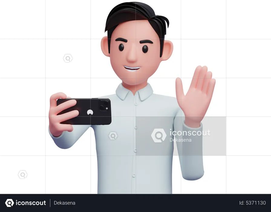 Businessman in blue shirt making a video call with a cell phone  3D Illustration
