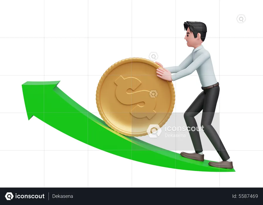 Businessman in blue shirt pushing dollar gold coin up growing green arrow  3D Illustration