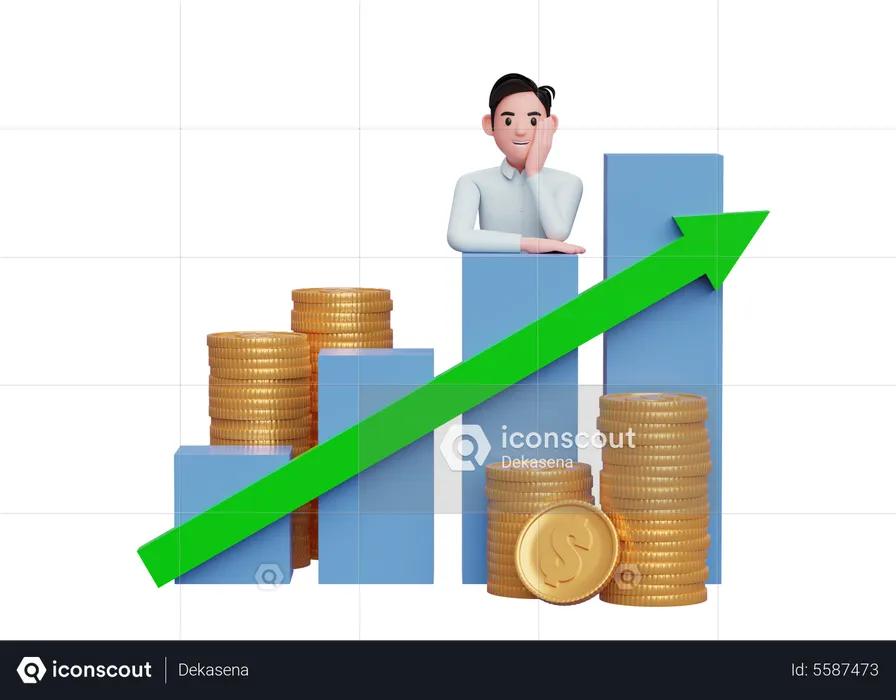 Businessman in blue shirt putting her chin in hand while leaning on bar chart Stock growth with up graph statistics arrow  3D Illustration