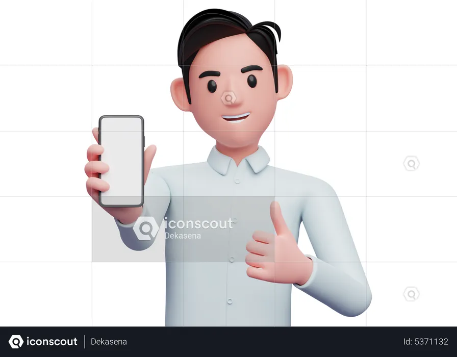 Businessman in blue shirt showing phone screen with thumbs up  3D Illustration