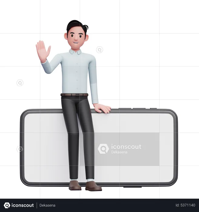 Businessman in blue shirt sitting on phone and waving hand  3D Illustration