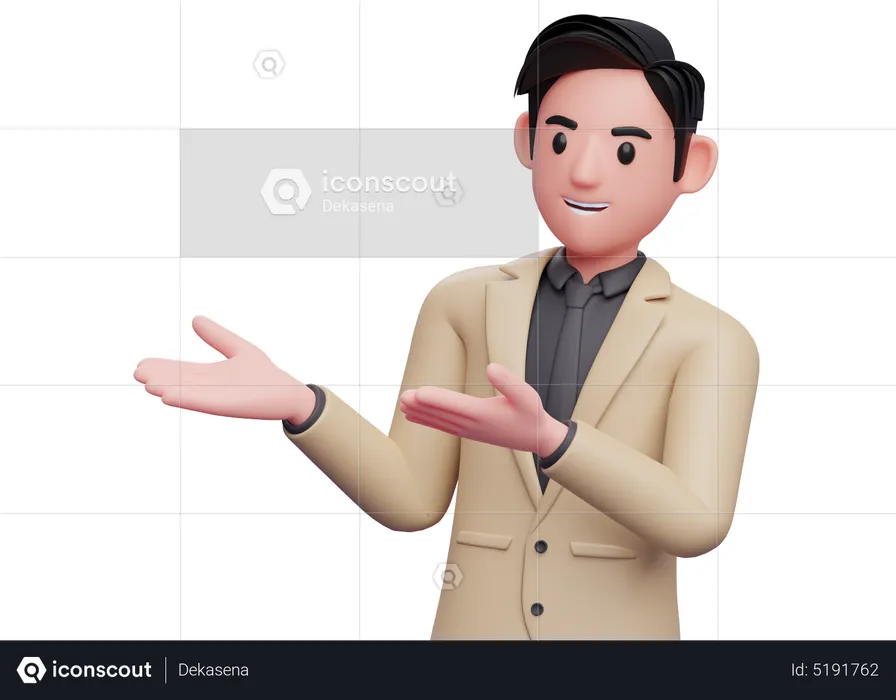 Businessman in brown suit black tie open both hands pose  3D Illustration