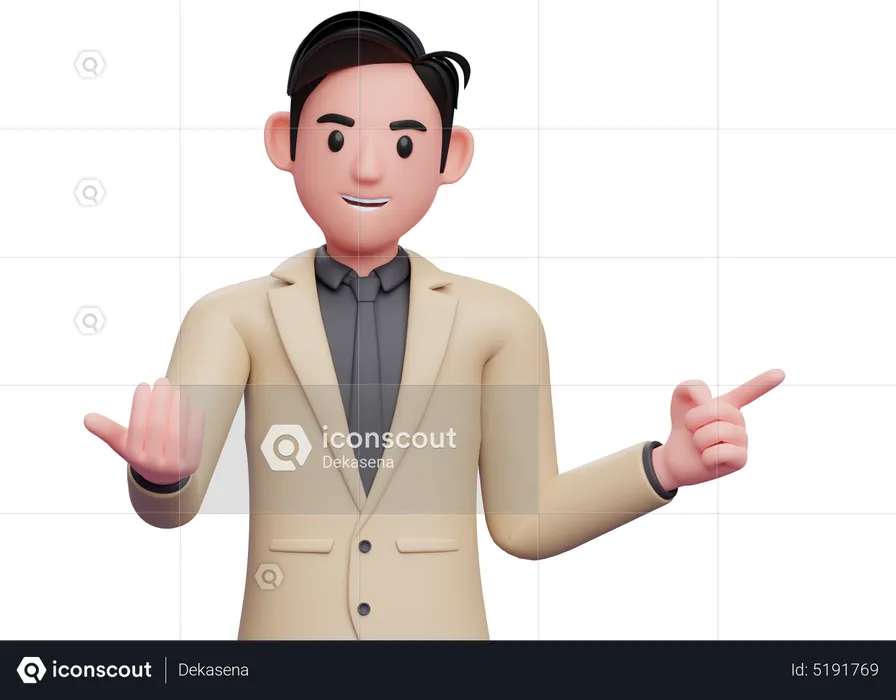 Businessman in brown suit doing come here gesture and pointing to the side  3D Illustration