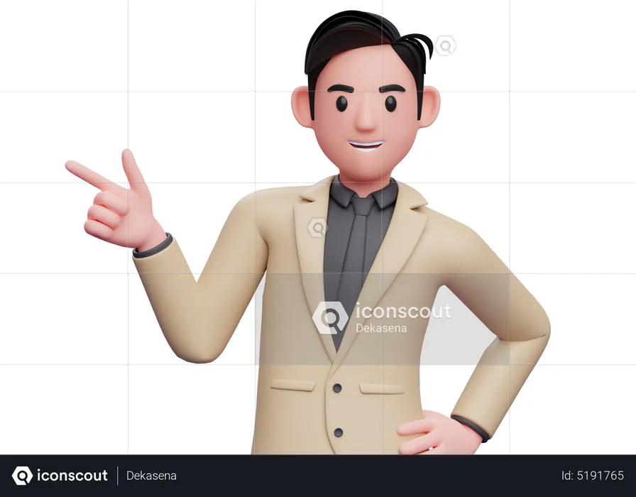 Businessman in brown suit pointing gun finger to the left  3D Illustration