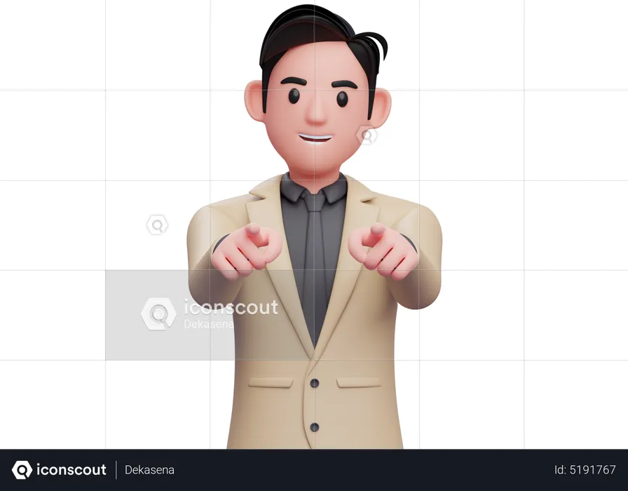Businessman in brown suit pointing to the camera with both hand  3D Illustration