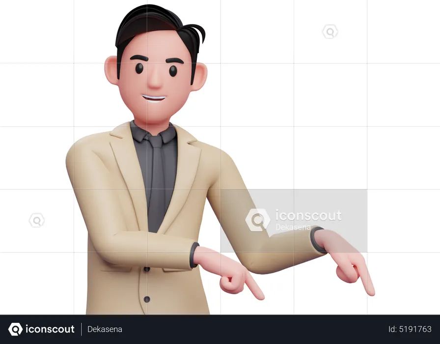 Businessman in brown suit pointing to the lower right corner  3D Illustration