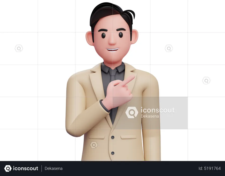 Businessman in brown suit pointing to the top right  3D Illustration