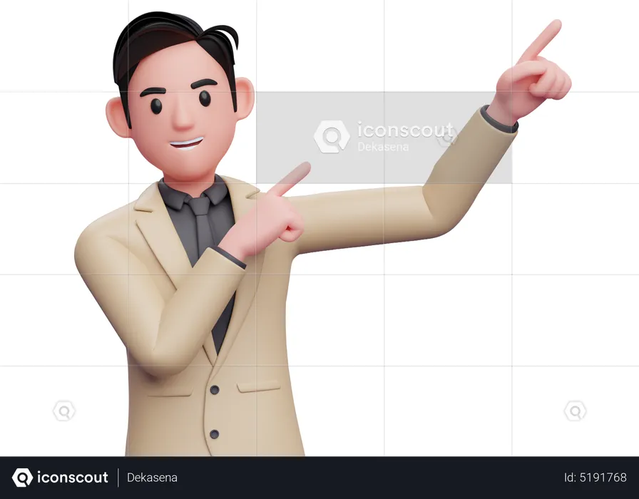 Businessman in formal brown suit raising both hands pointing to the top right corner  3D Illustration