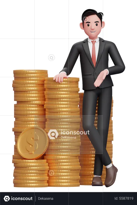 Businessman in formal suit blue tie standing with crossed legs and leaning on pile of coins  3D Illustration