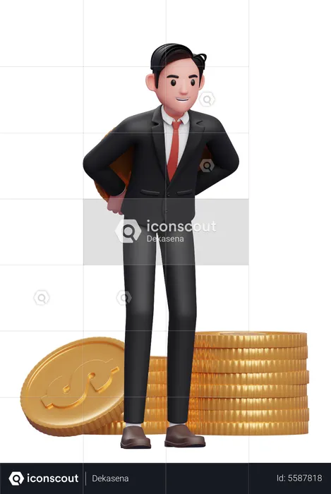 Businessman in formal suit carrying a giant coin on his back  3D Illustration